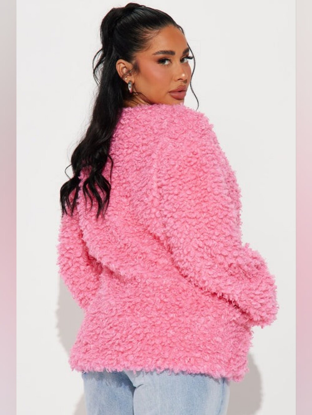 Pink Faux-Shearling Open-Front Jacket With Pockets - Picture 3 of 8